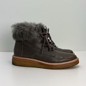 Botkier Winter Boots Leather Lace Up Fur Trim Ankle Gray Hiking Womens 7.5
